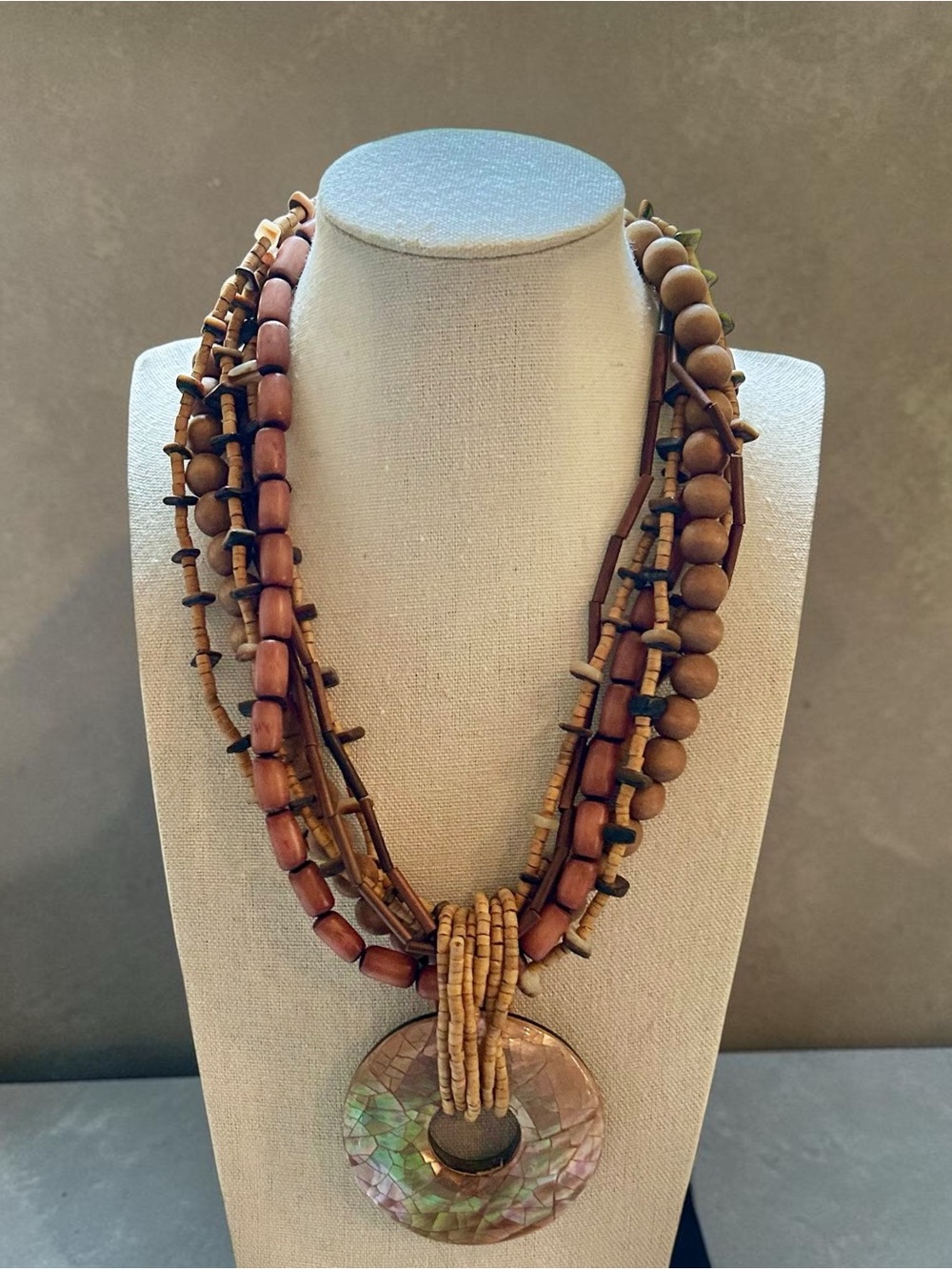 Boho Wood Shell Mosaic Statement Necklace